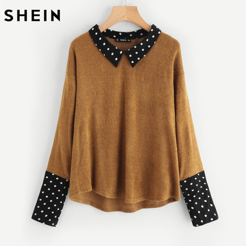 SHEIN Contrast Polka Dot Collar and Cuff Tee Brown Womens Long Sleeve Tops Autumn Lapel Color Block Casual T-shirt