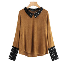 Load image into Gallery viewer, SHEIN Contrast Polka Dot Collar and Cuff Tee Brown Womens Long Sleeve Tops Autumn Lapel Color Block Casual T-shirt