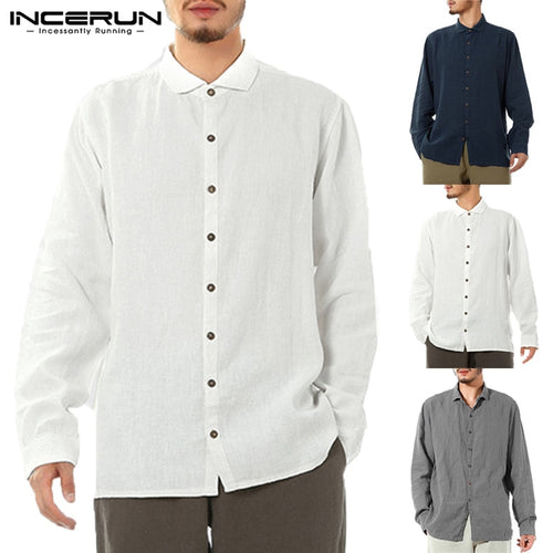 INCERUN Autumn Mens Shirts Long Sleeve Turn Down Collar Plain Tee Clothes Fashion Camisa Masculina White Casual Social Shirts