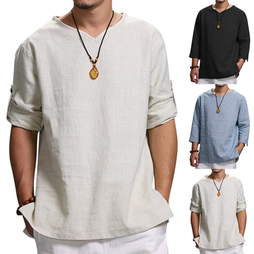 Autumn Spring Retro Mens T Shirts V-neck Folded Sleeve Solid Color Loose Casual Tshirts Male Tee Men Clothes 4XL Men Tee Shirts