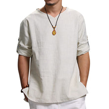 Load image into Gallery viewer, Autumn Spring Retro Mens T Shirts V-neck Folded Sleeve Solid Color Loose Casual Tshirts Male Tee Men Clothes 4XL Men Tee Shirts