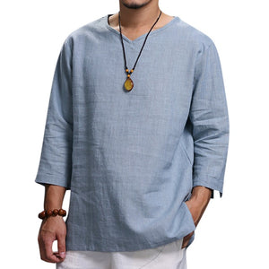 Autumn Spring Retro Mens T Shirts V-neck Folded Sleeve Solid Color Loose Casual Tshirts Male Tee Men Clothes 4XL Men Tee Shirts
