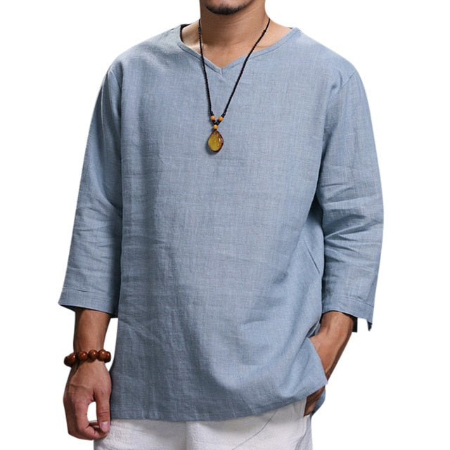 Autumn Spring Retro Mens T Shirts V-neck Folded Sleeve Solid Color Loose Casual Tshirts Male Tee Men Clothes 4XL Men Tee Shirts