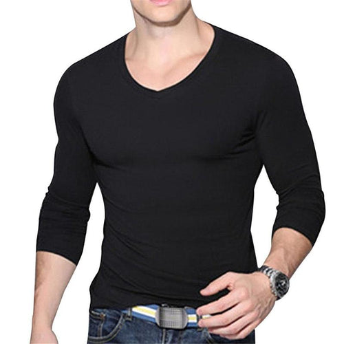 Fashion Pure Color Men's Slim Fit V Neck Long Sleeve Muscle Tee T shirt Casual Tops
