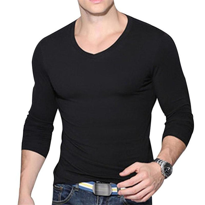 Fashion Pure Color Men's Slim Fit V Neck Long Sleeve Muscle Tee T shirt Casual Tops