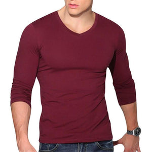 Fashion Pure Color Men&#39;s Slim Fit V Neck Long Sleeve Muscle Tee T shirt Casual Tops