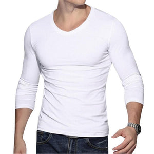 Fashion Pure Color Men&#39;s Slim Fit V Neck Long Sleeve Muscle Tee T shirt Casual Tops