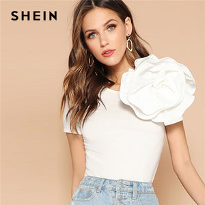 SHEIN White Solid Flower Embellished Fitted Top T Shirt Women Summer Slim Fit Short Sleeve Party Glamorous Elegant Tshirt Tops